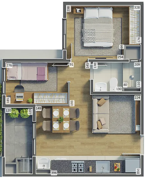 Planta A2 - 2 Quartos - 42,00m²