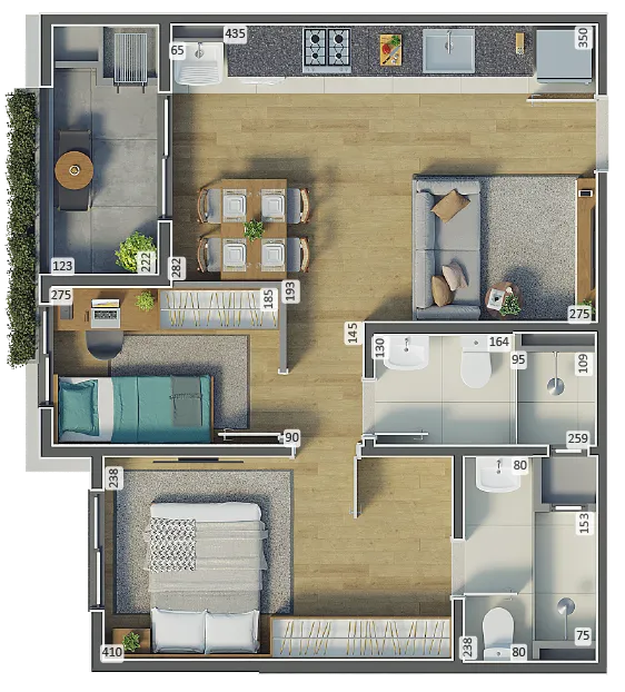 Planta G2 - 2 Quartos com Suíte - 50,06m²