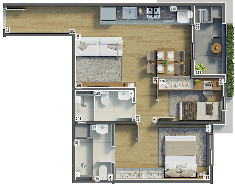Planta H2 - 2 Quartos com Suíte - 54,61m²