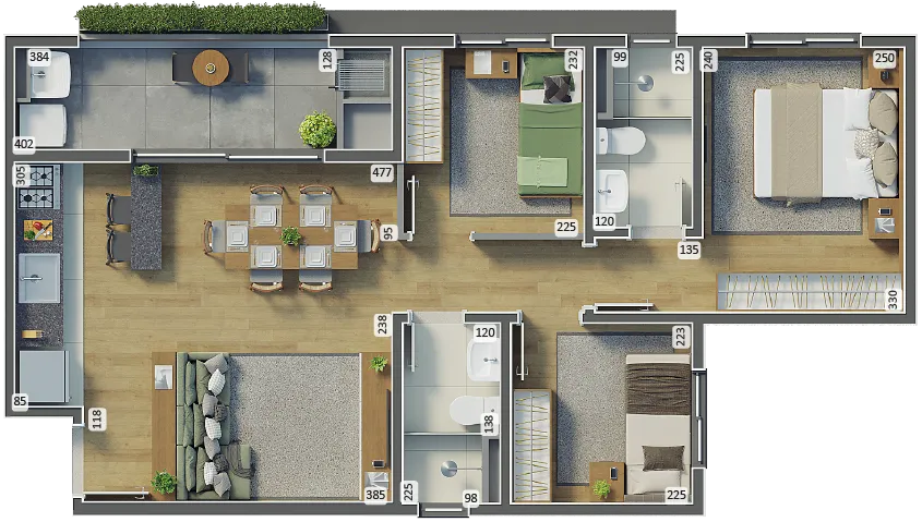 Planta K2 - 3 Quartos com Suíte - 60,78m²